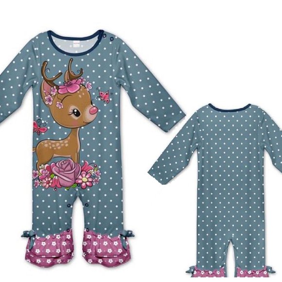 Penelope Plumm | Steel Blue Dot Floral Deer Ruffle Playsuit | Size 6 Months - Picture 1 of 8